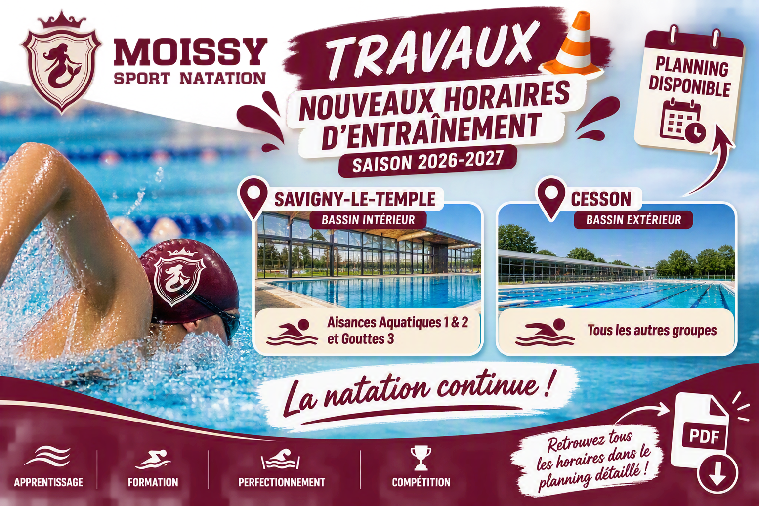 Découvrez les nouveaux horaires d'entraînement 2026-2027 pendant les travaux de la piscine de Moissy