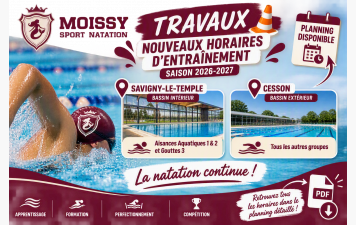 Découvrez les nouveaux horaires d'entraînement 2026-2027 pendant les travaux de la piscine de Moissy